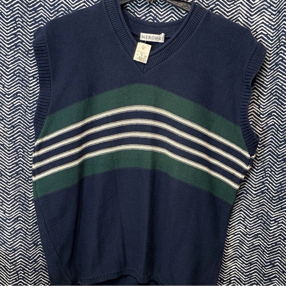 Men's Blue and Green Striped Sweater Vest